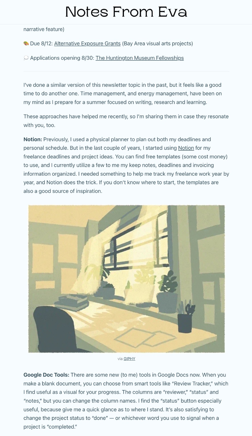 notes from eva longform email newsletter creative writer