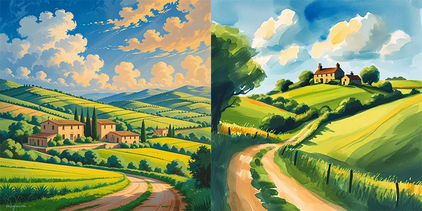 ai image rural landscape created using gouache paint