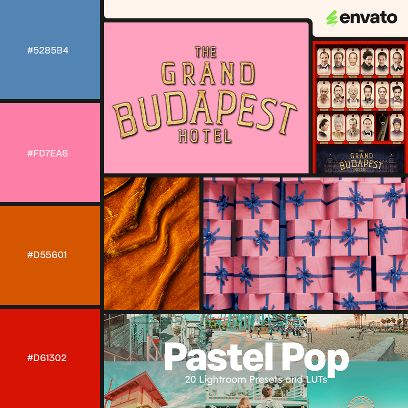 Blue, pink, orange and red mood board with images inspired by The Grand Budapest Hotel.