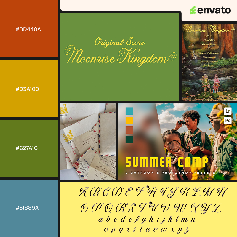 Red, yellow, green and blue mood board with images inspired by Moonrise Kingdom.