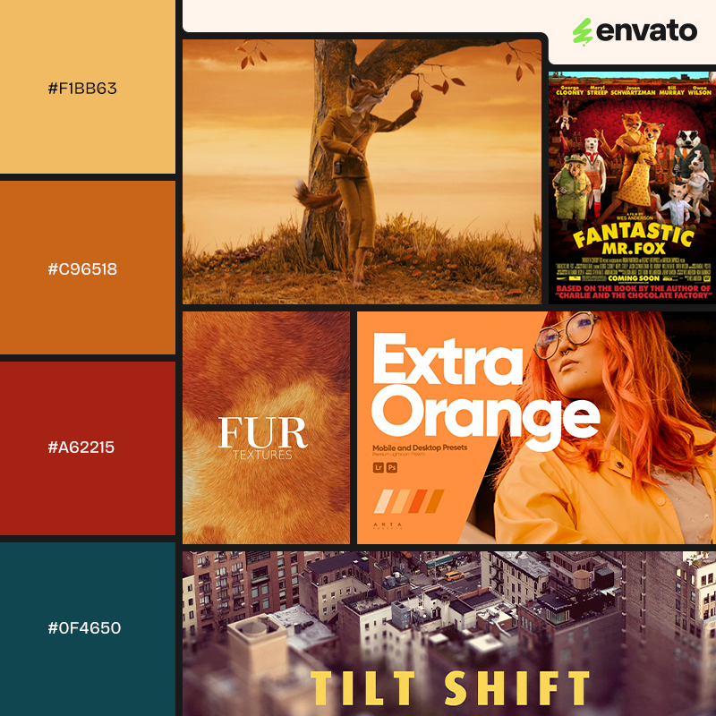 Yellow, orange, red and blue mood board with images inspired by Fantastic Mr. Fox.