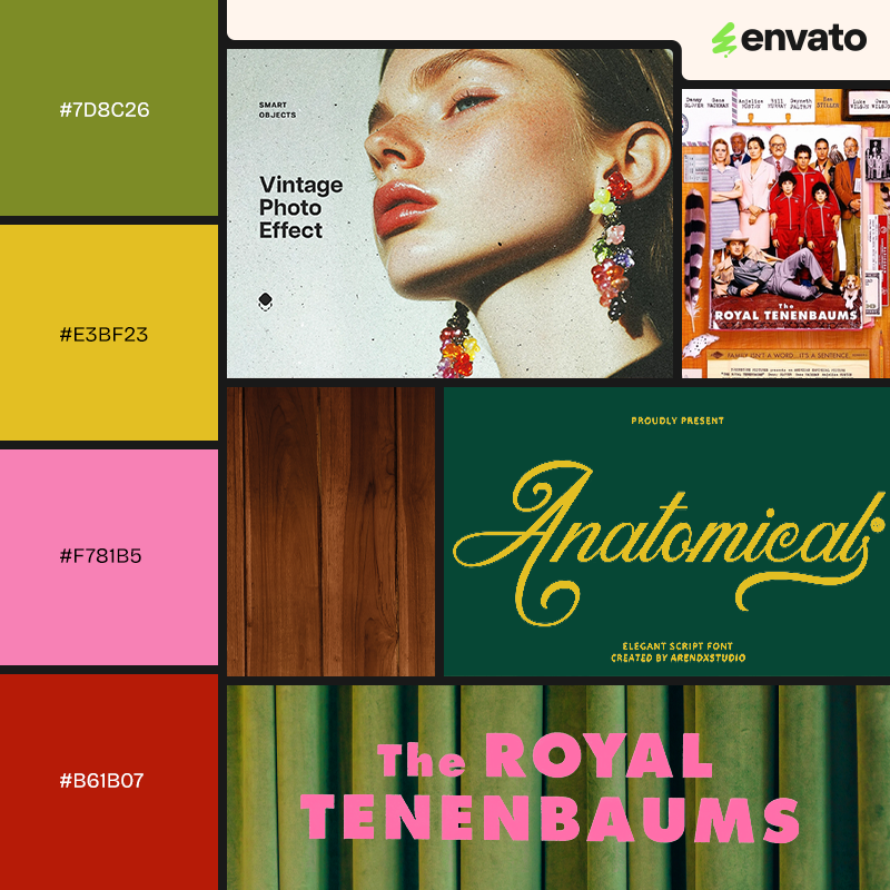 Green, yellow, pink and red mood board with images inspired by The Royal Tenenbaums.