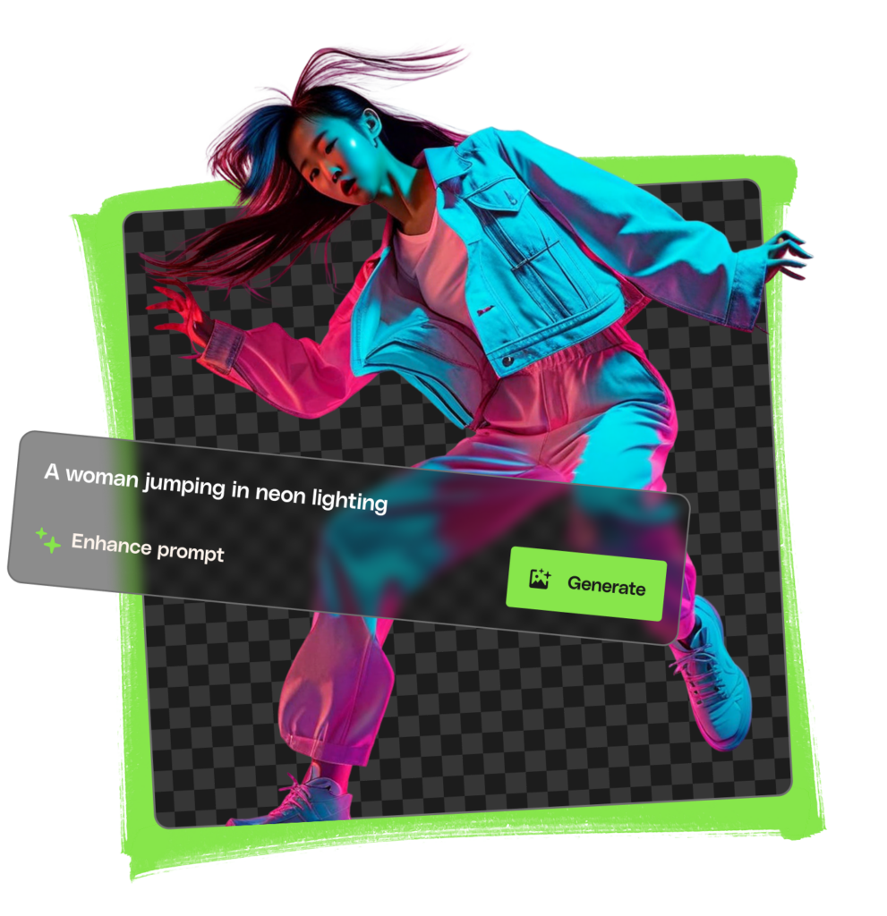 Preview of AI ImageGen, Envato's AI image generation feature. Image shows a woman in neon lighting.