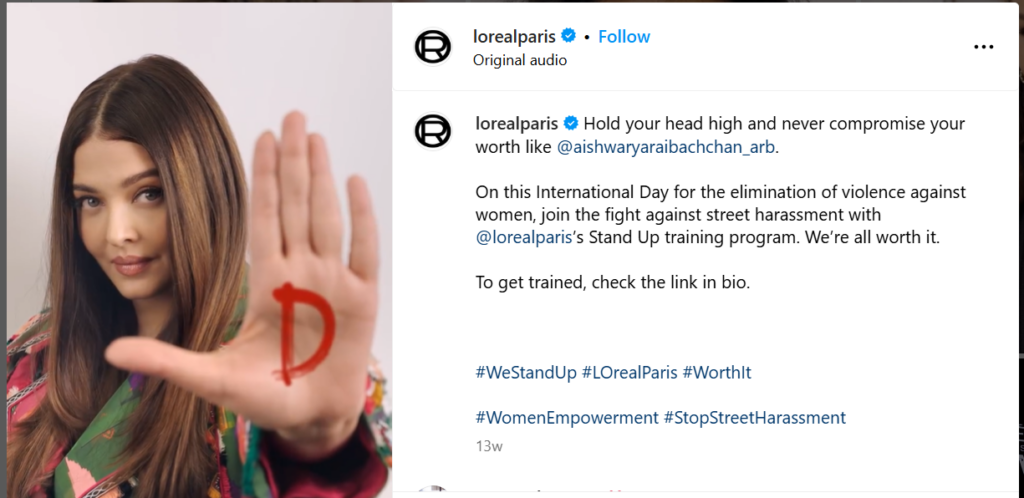 social media post by Loreal Paris on International Day for the elimination of violence against women
