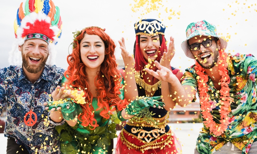 Envato Happy dressed people celebrating carnival party photo template 
