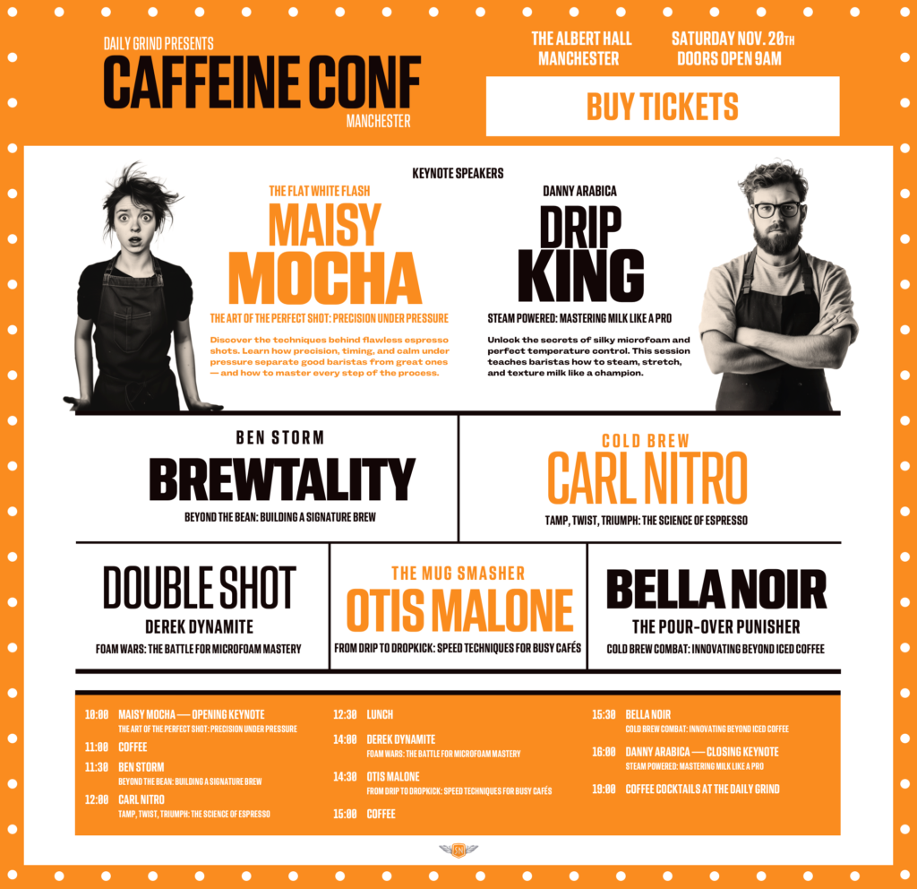Speaker schedule page design for The Daily Grind’s Caffeine Conf.