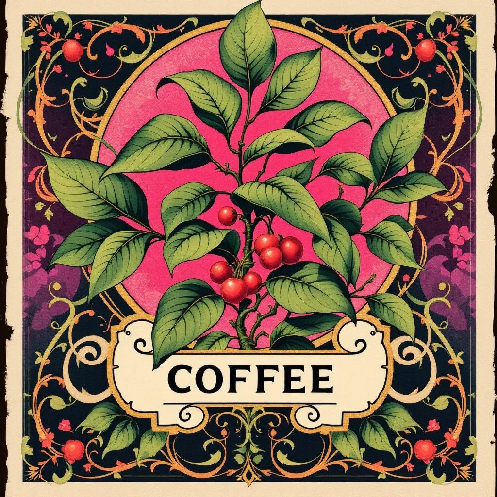 Image created with ImageGen featuring a coffee plant botanicals in the Art Nouveau style.