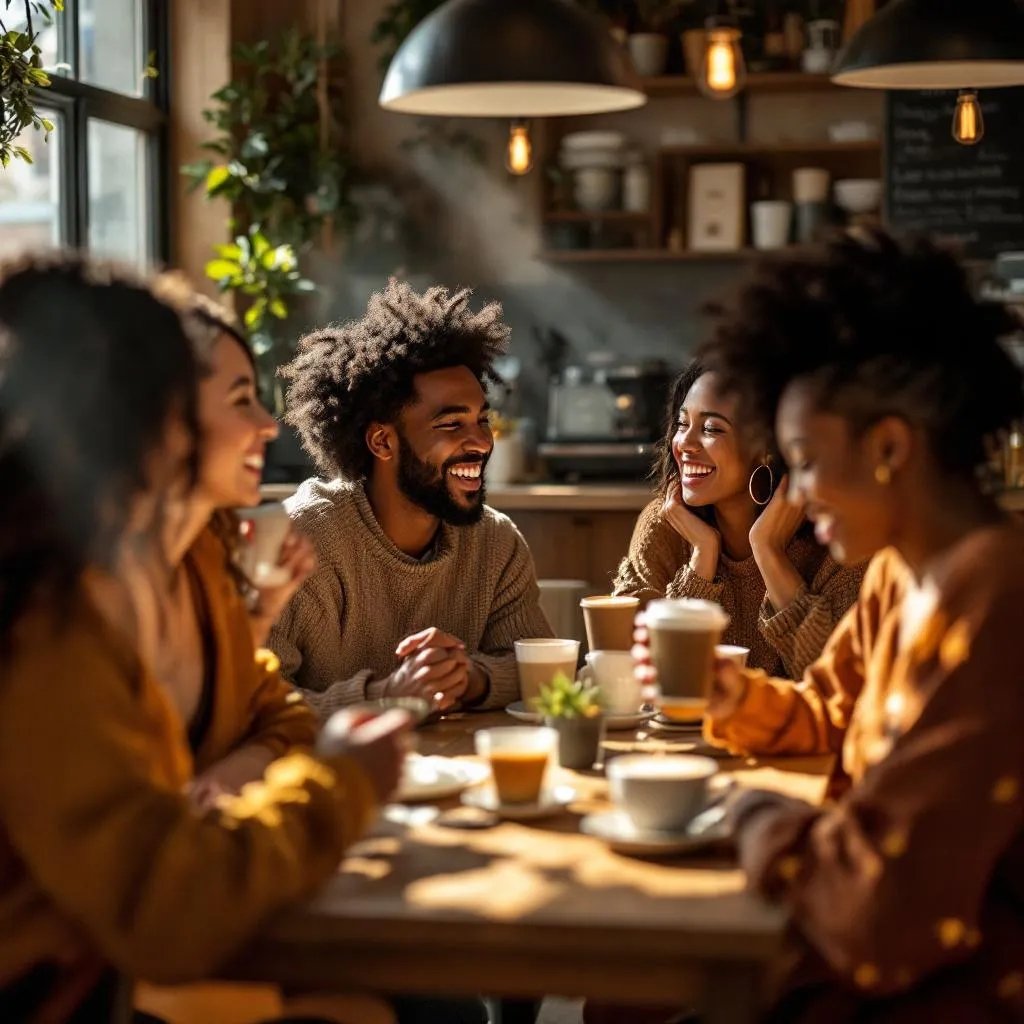 Friends at a coffee shop, created with Envato ImageGen