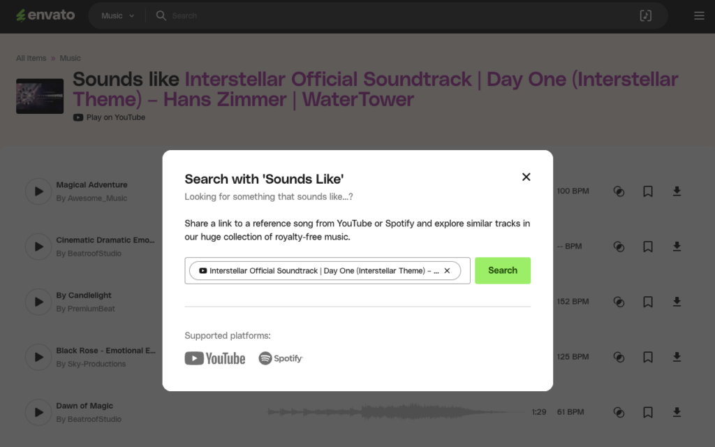 using envato's sounds like search