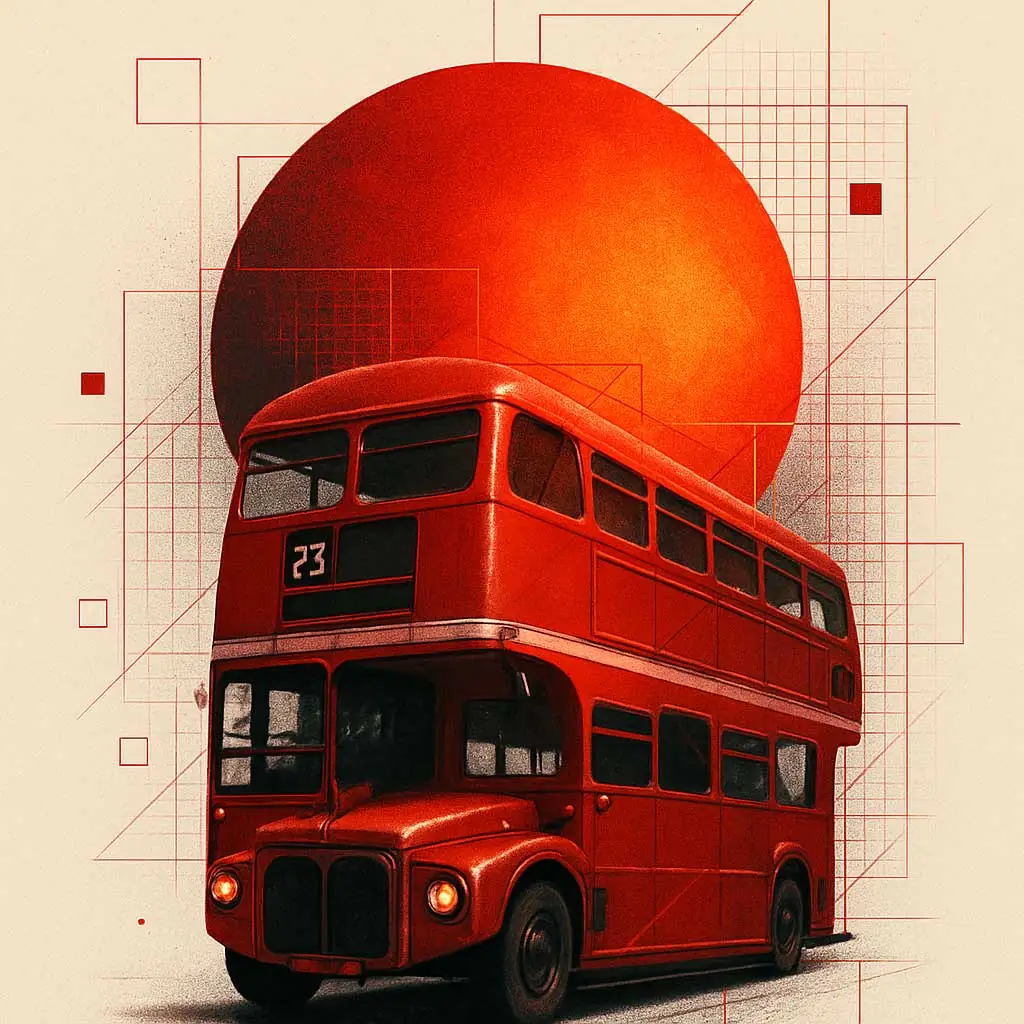 An AI generated illustration of a red double decker bus in London, with a red sun or sphere in the background. In a sketch style.
