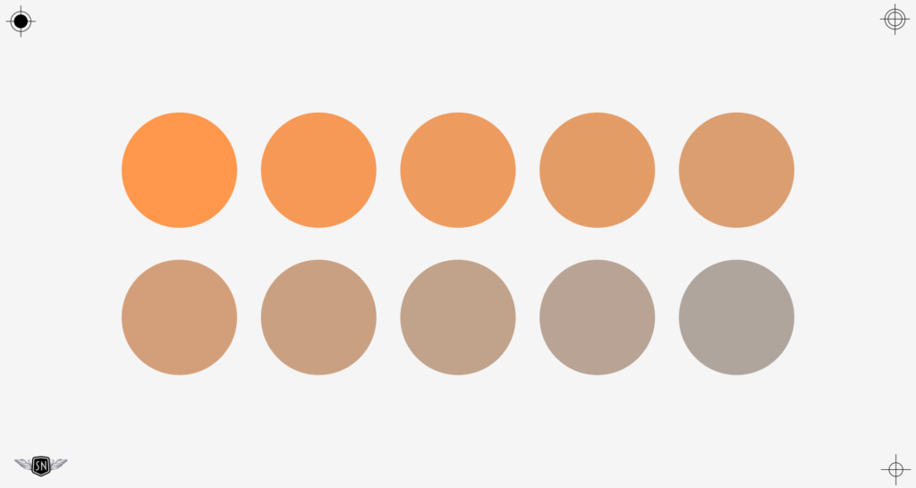A single hue with different saturation levels.