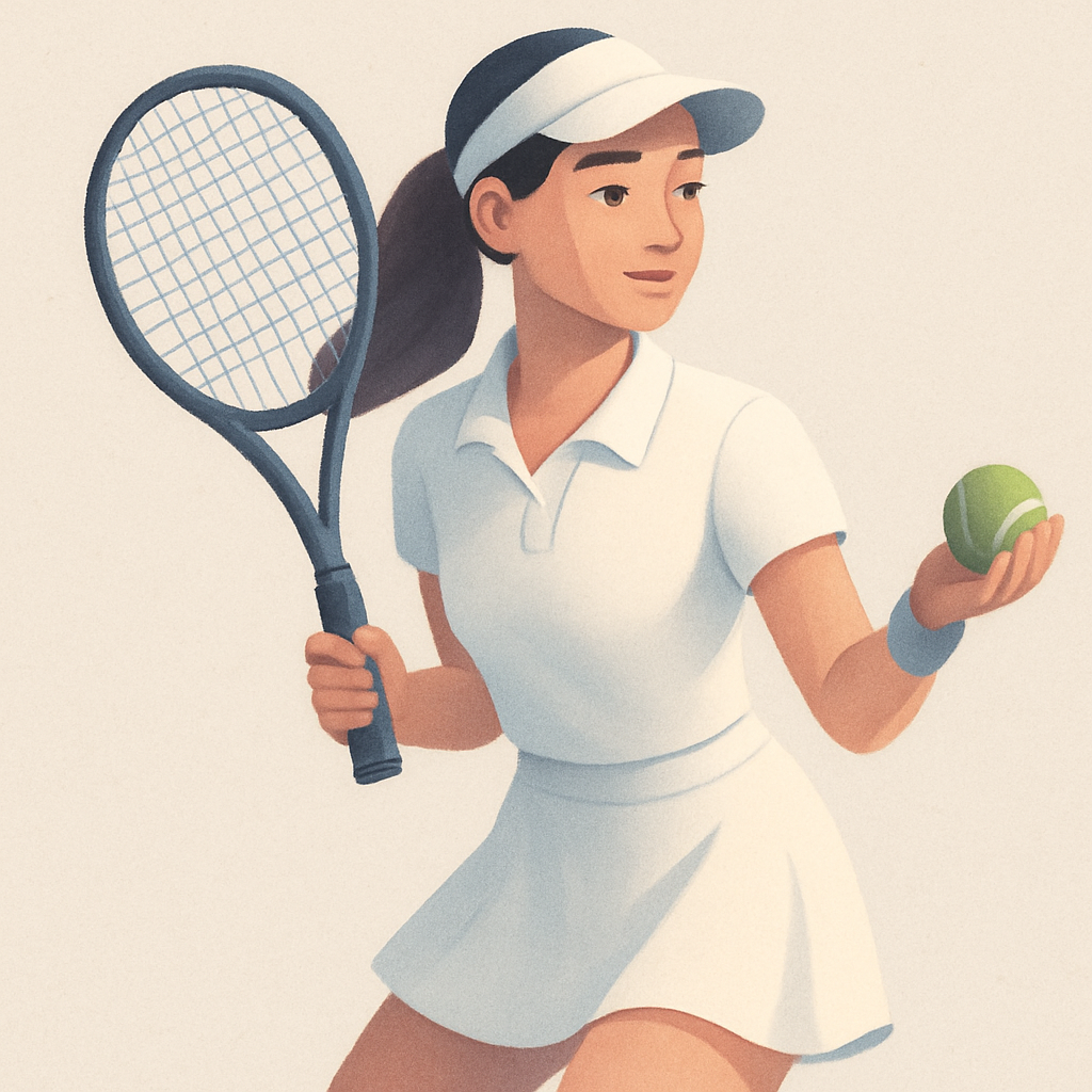 Illustration of a woman dressed in white tennis apparel, with a tennis racket and tennis ball.