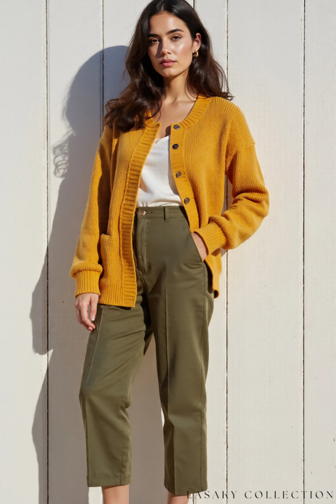Elegant mustard yellow cardigan with classic buttons. Source: Lasaky