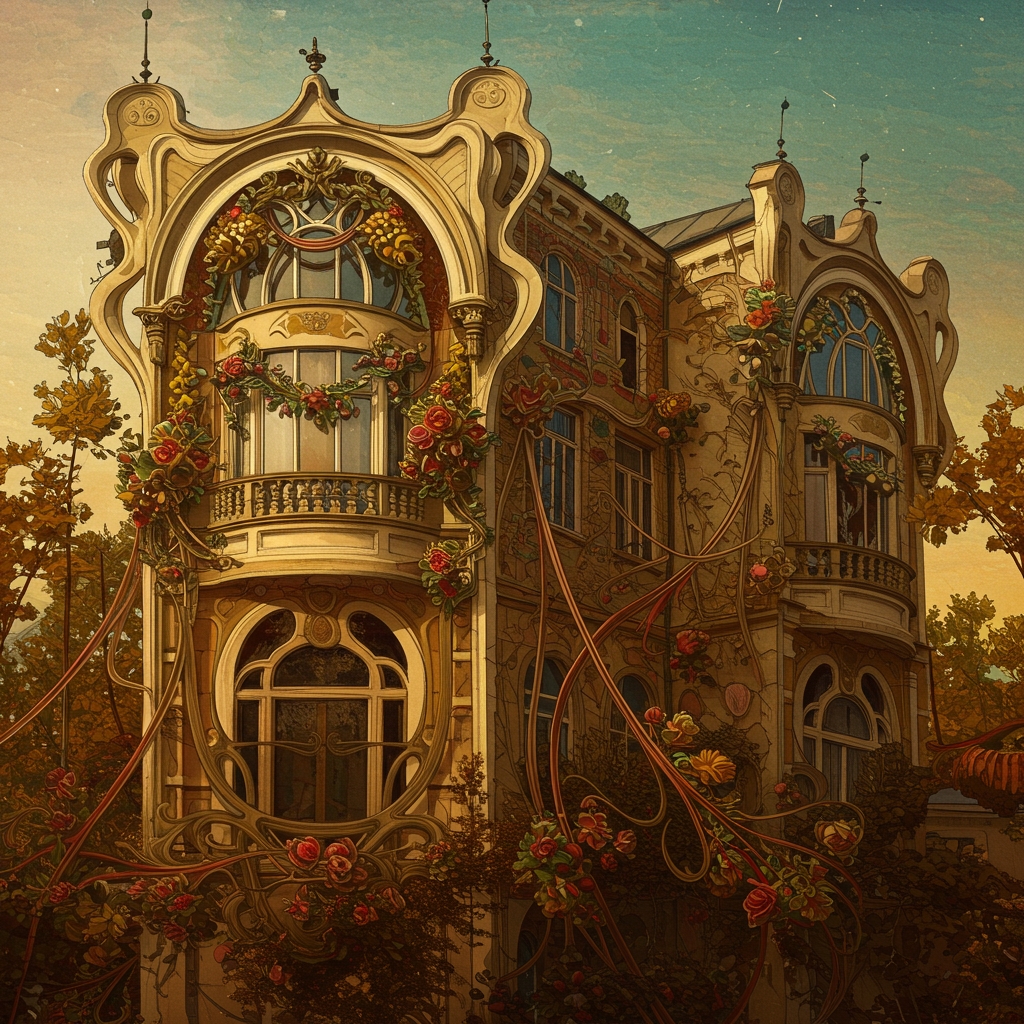 Image created with ImageGen featuring a Gaudí and Alphonse Mucha hybrid building.