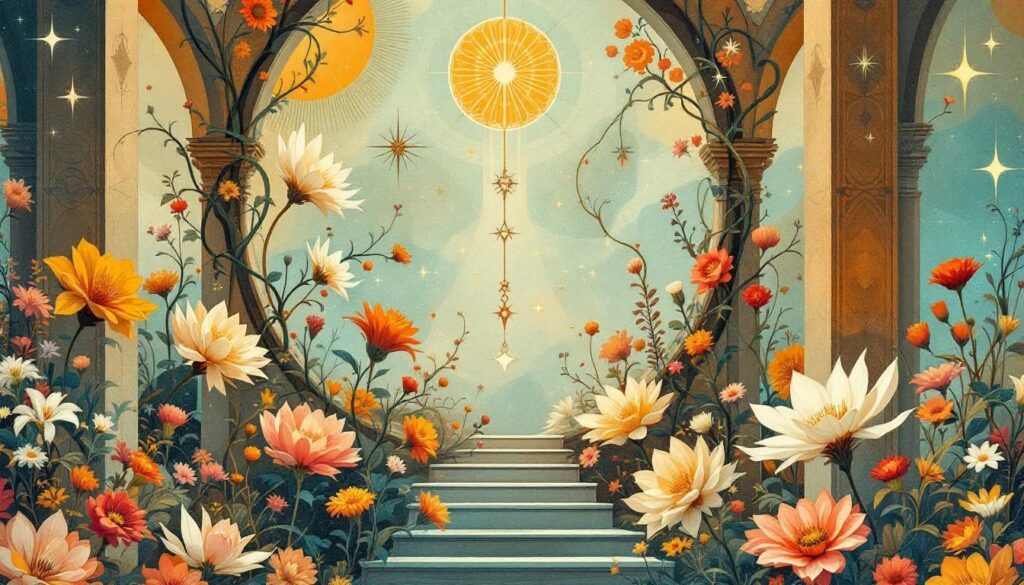 An Art Nouveau inspired AI generated image playing with vines, archiecture and florals.