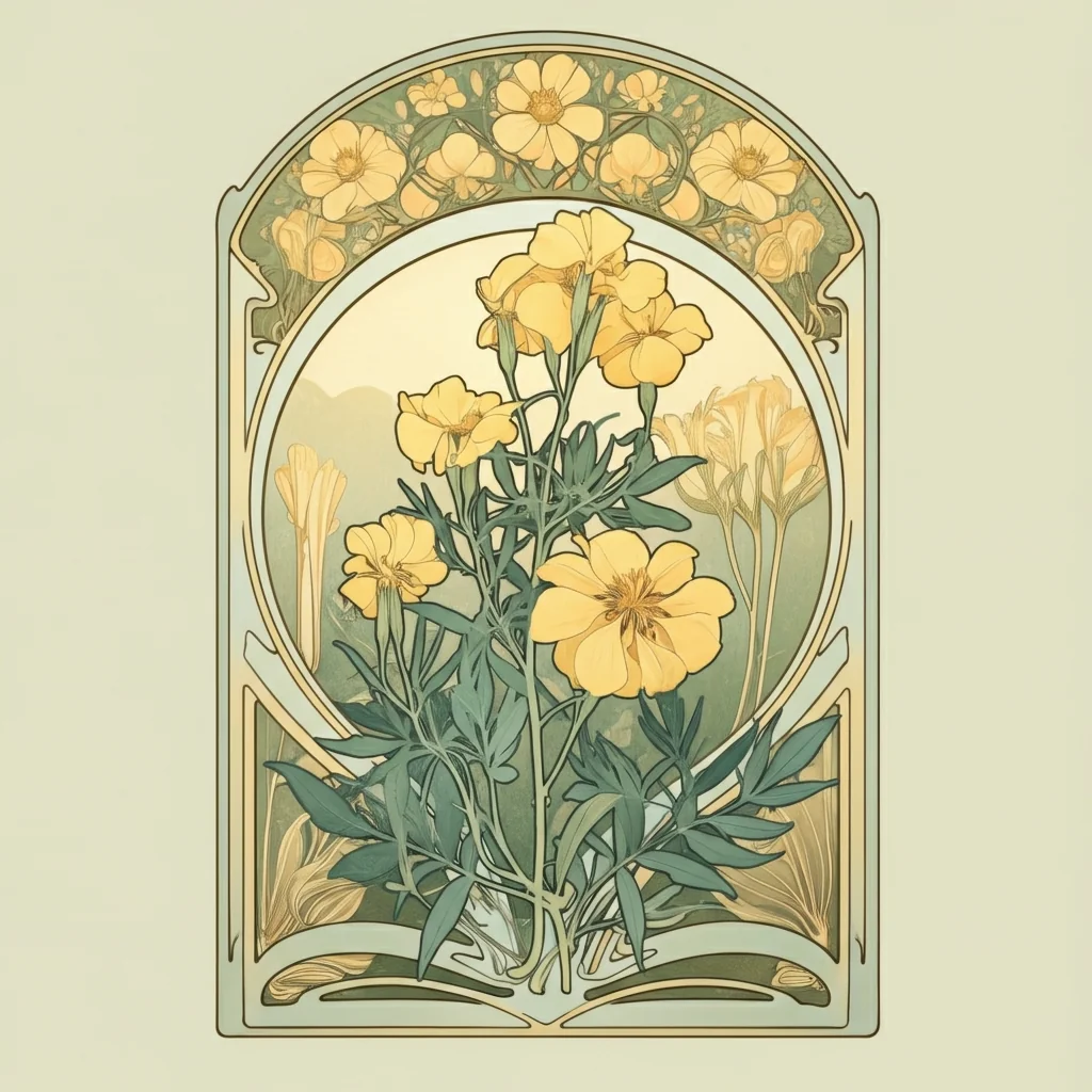 Image created with ImageGen featuring a dreamy landscape with Art Nouveau inspired botanicals and shapes.