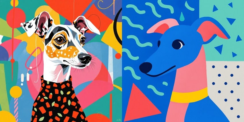 a whippet dog in memphis style aesthetic