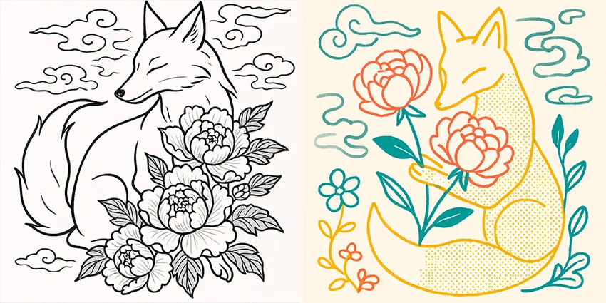 ai line art of a fox among peonies