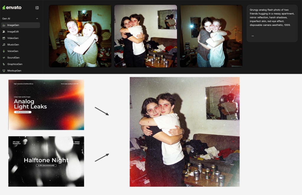 A digital interface showing AI-generated grungy analog photos of two friends hugging in a messy apartment with red-eye effect, alongside options for image generation and style effects like "Analog Light Leaks" and "Halftone Night".