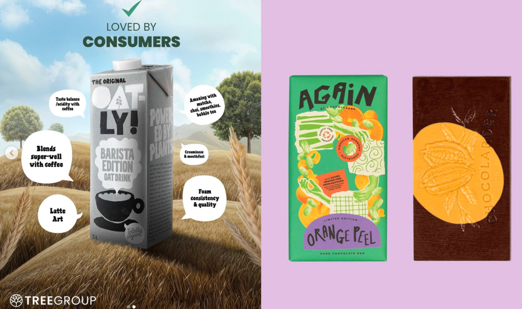 A split image showing an Oatly Barista Edition oat milk carton in a wheat field on the left, surrounded by speech bubbles detailing its benefits. On the right, two chocolate bars are displayed on a purple background: a green 'Again by Chocolarder' orange peel bar and a dark brown 'Chocolarder' bar with a golden cocoa pod design.