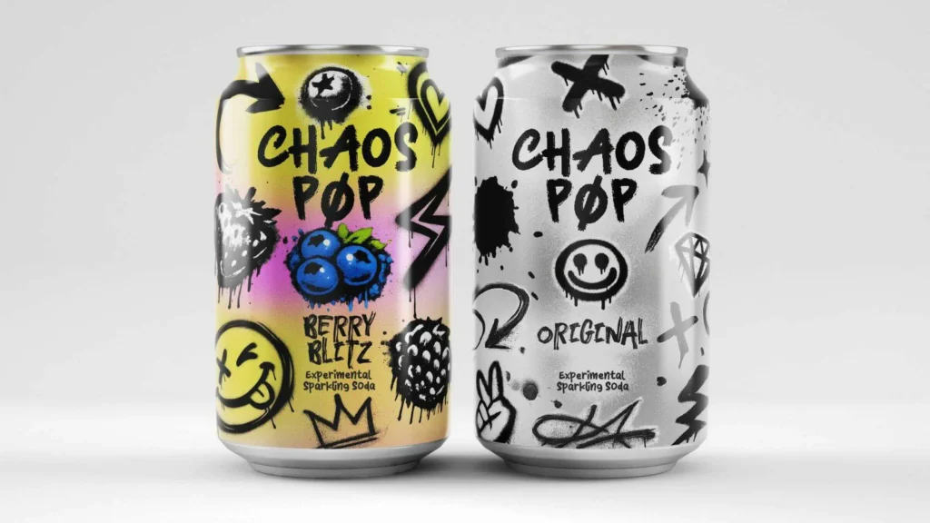 Two Chaos Pop soda cans with graffiti-style designs. The left can is yellow and pink with 'Berry Blitz' flavor, showing blueberries and strawberries. The right can is silver with 'Original' flavor.