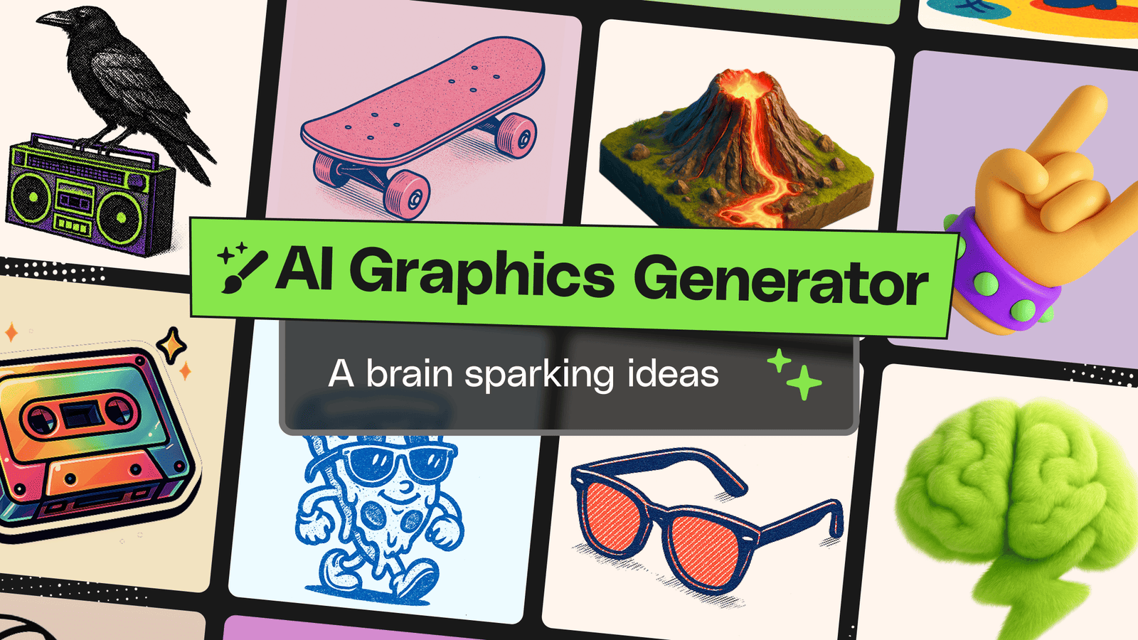 A grid of diverse graphic illustrations including a crow on a boombox, a skateboard, a volcano, a rock-on hand, a brain, sunglasses, a pizza character, and a cassette tape, with central text banners reading 'AI Graphics Generator' and 'A brain sparking ideas'.