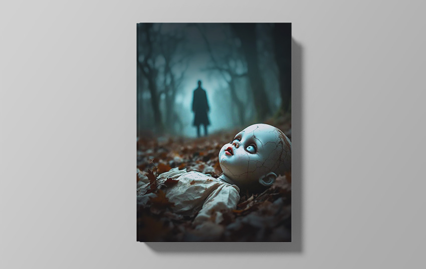 Horror book cover featuring a doll in the forest