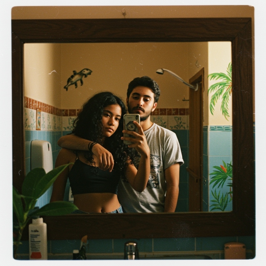 ai generated image of a naturalistic couple hugging in front of a mirror taking a selfie envato imagegen