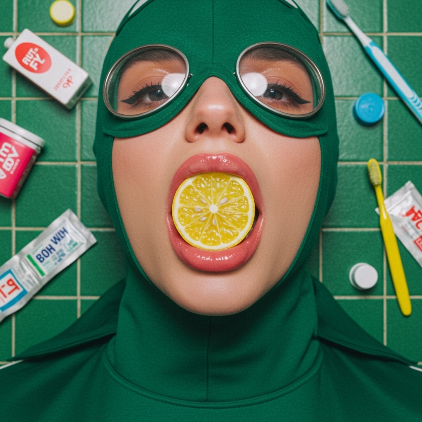 retro surreal portrait of a women dressed in a green suit with a lemon in her mouth envato imagegen