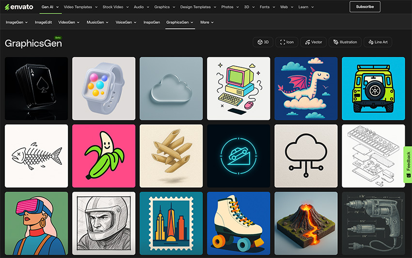 GraphicsGen is an AI-powered generator that allows you to create graphic assets.