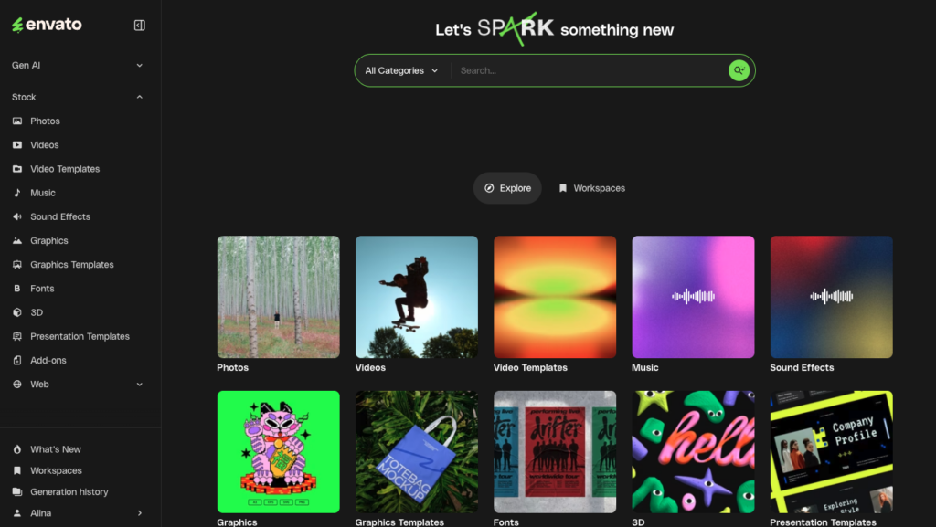 Envato website interface showing a dark theme, search bar, left navigation, and thumbnails for creative assets like photos, videos, music, and graphics.