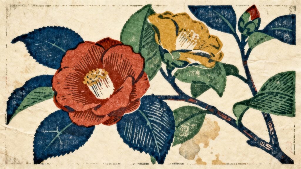 Botanical print of a Japanese camellia generated with ImageGen styles