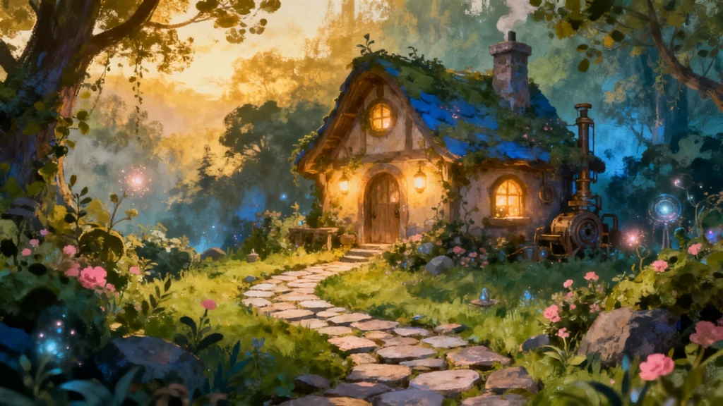 Cozy, warm cottage with lights glowing generated with ImageGen styles