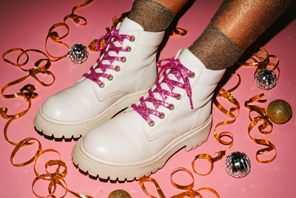 Feet adorned with shimmering socks, chunky-soled, white vinyl combat boots generated with ImageGen styles