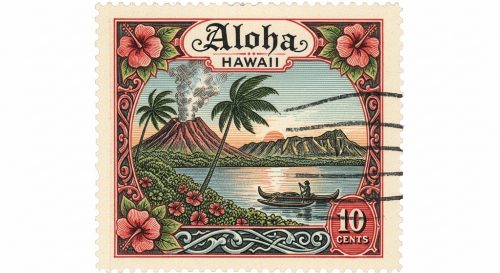 Post stamp from a Hawaiian destination generated with ImageGen styles