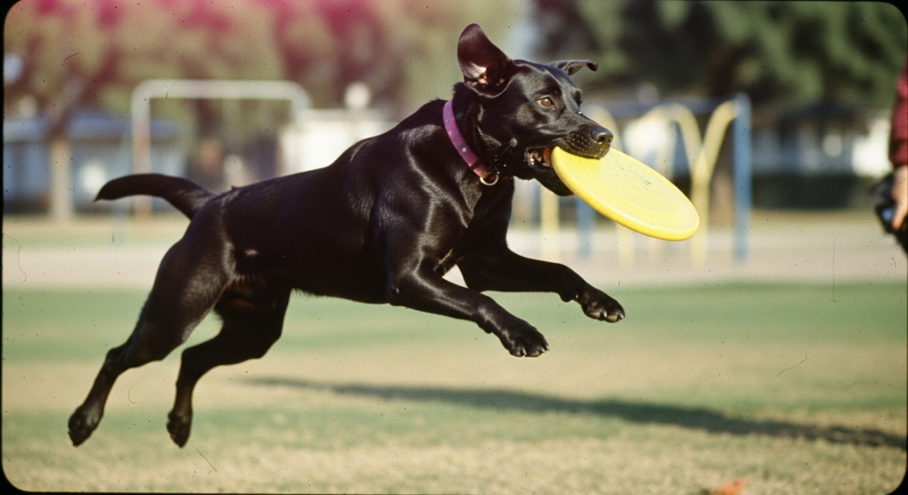 Retro photo of a black Labrador with a pink collar generated with ImageGen styles