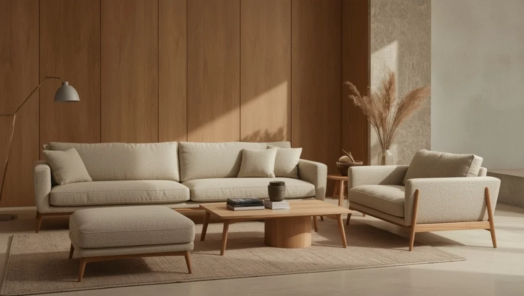 Photo of a Scandinavian living room with wooden walls generated with ImageGen styles