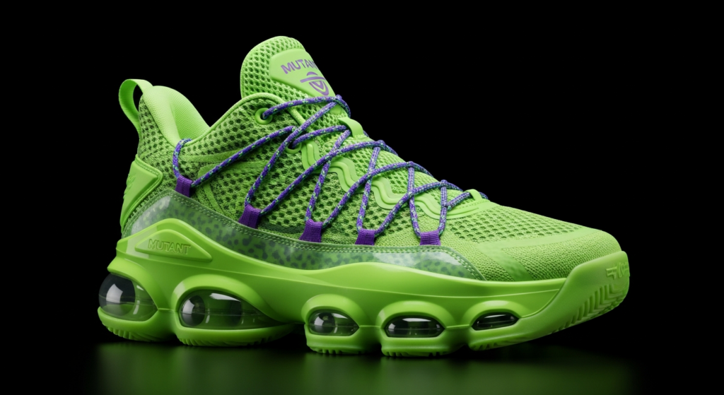 Product shot of a basketball shoe featuring a meticulously sculpted neon green sole generated with ImageGen styles
