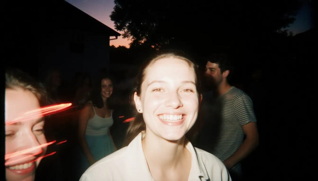 Spontaneous backyard gathering at sunset with friends smiling generated with ImageGen styles