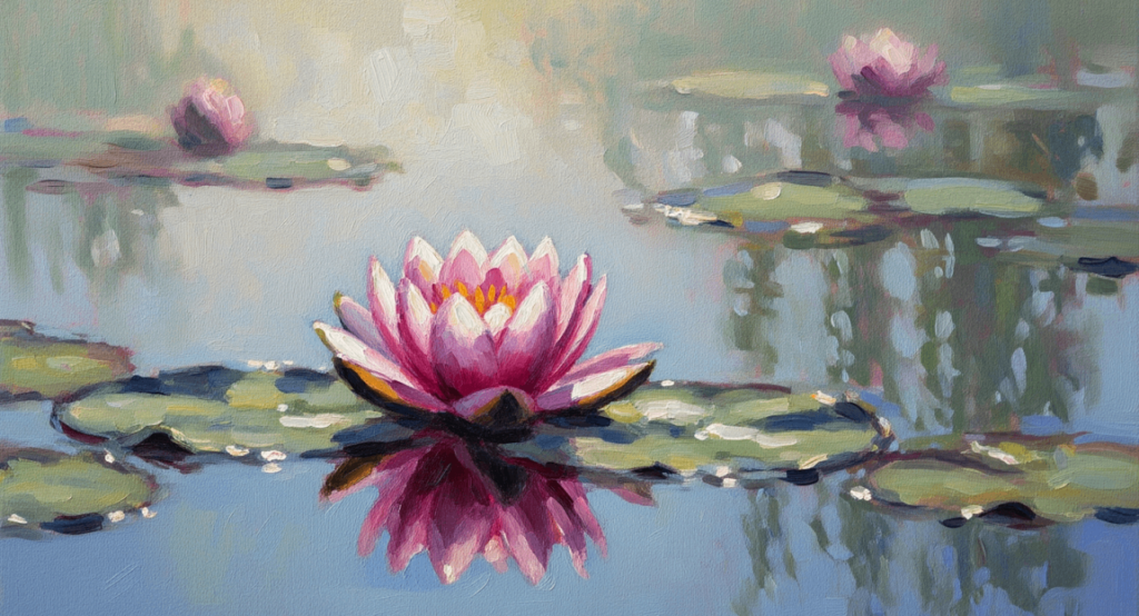 Close-up of a pink waterlily in the middle of a pond generated with ImageGen styles