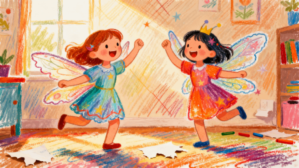 Two fairies playing together in a bright room generated with ImageGen styles