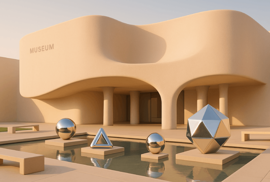 Render of a contemporary art museum; smooth, organic-shaped facade generated with ImageGen styles