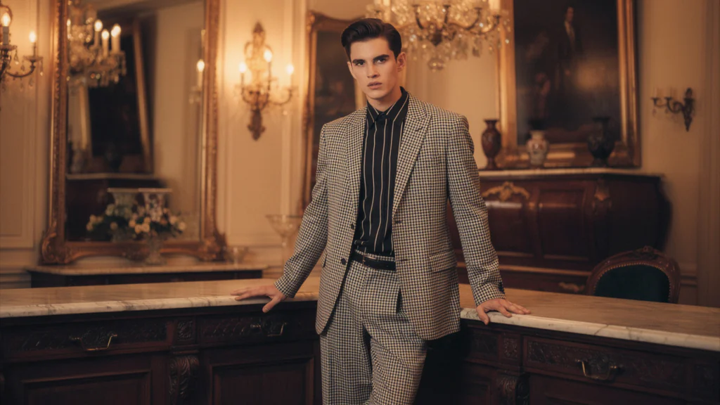 A young man in a houndstooth suit stands in a luxurious room, leaning on a marble counter. He wears a striped shirt and looks directly at the viewer.