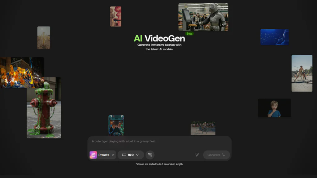 AI VideoGen interface showing diverse AI-generated video thumbnails, including a knight in a supermarket, a slime-covered fire hydrant, and a parade float. The central text reads 'AI VideoGen: Generate immersive scenes with the latest AI models,' with an input field for prompts and a 'Generate' button.