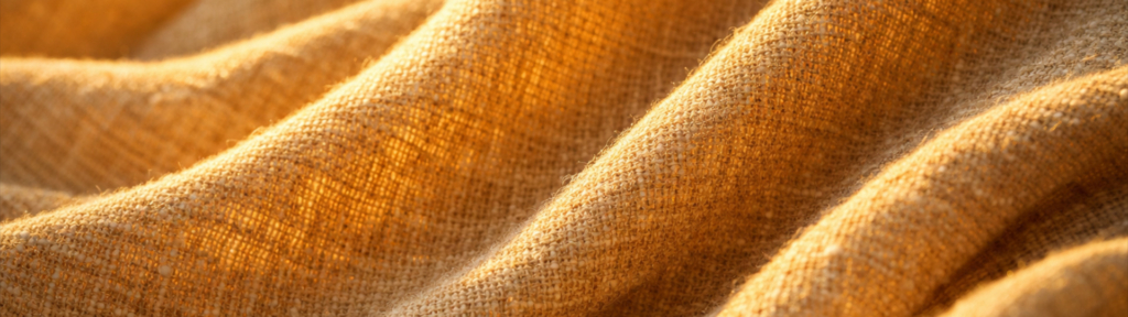 Close-up of golden-brown, coarse woven fabric draped in soft folds, illuminated by warm, directional light that highlights its texture and creates shadows.