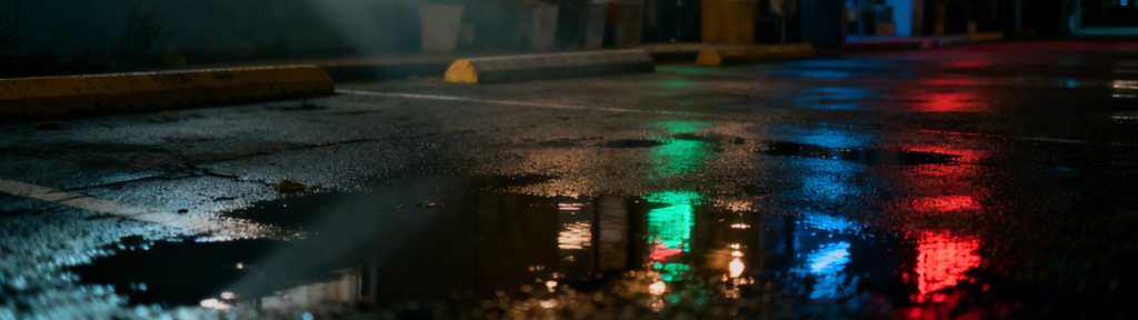 Low-angle shot of a wet asphalt street or parking lot at night, with puddles reflecting vibrant red, green, and blue city lights. Yellow parking blocks are visible in the background.
