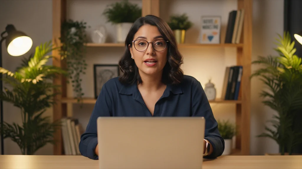A woman with dark hair and glasses sits at a desk with an open laptop, looking directly at the camera. A wooden bookshelf with plants and books is in the warm-lit background.