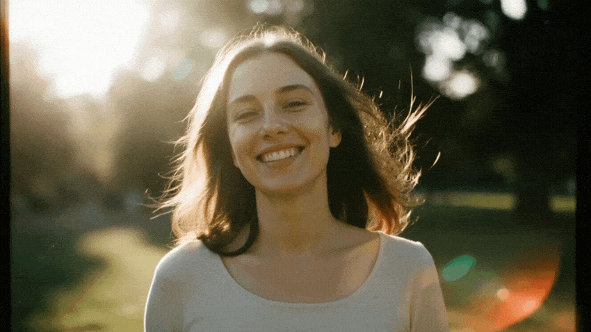 A young woman with long brown hair smiles brightly, backlit by warm sunlight in an outdoor setting.