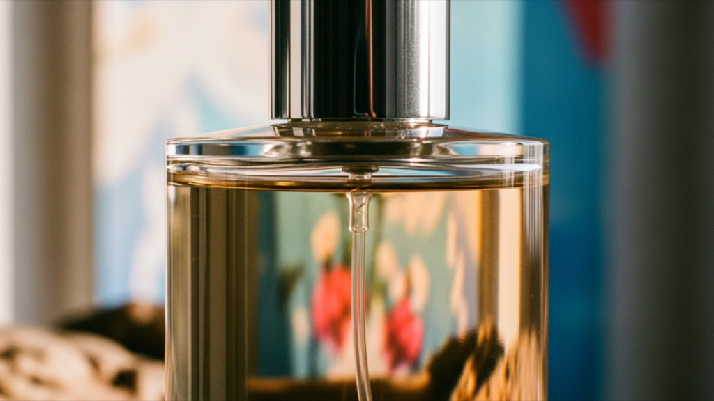Close-up of a clear glass perfume bottle filled with golden-amber liquid and topped with a silver cap. A dip tube is visible inside. The background is a soft blur of blue, red, and beige colors.
