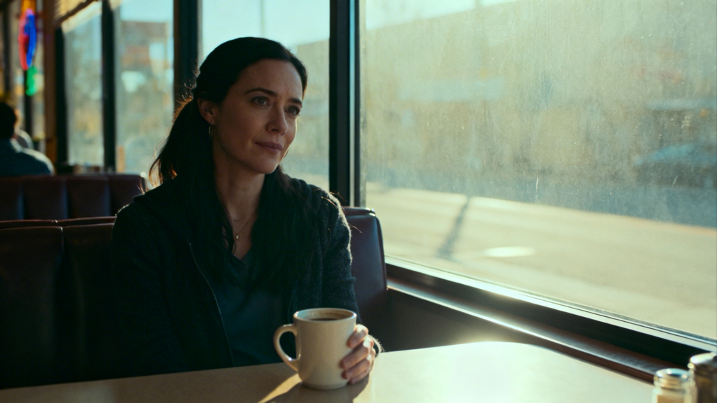 A woman with dark hair in a ponytail sits in a diner booth, holding a coffee mug, looking contemplatively out a sunlit window.